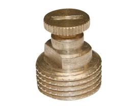 Nærbillede af Viega 3/8" messing luftskrue, der viser det sekskantede hus, gevind og det riflede hjul til udluftning.