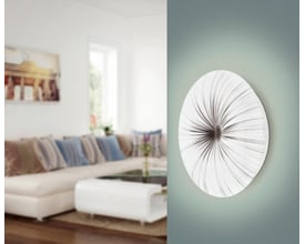 EGLO Nieves loftlampe i hvidt stål med en unik, flettet overflade, Ø410 mm, monteret på en mintgrøn væg ved siden af en moderne stue.