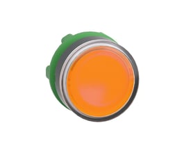 Schneider Electric Lampetrykhoved ZB5 LED i orange plast med Ø22 mm diameter og plan front på hvid baggrund.