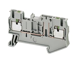 Schneider Electric Linergy TR skilleklemme med push-in, 2,5mm², grå, vist med interne kobberledere og sikringsholder.