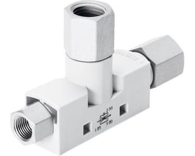 Festo vakuumejektor VN-07-L-T3-PI4-VI4-RI4 i T-formet design med indvendigt gevind og 0,7 mm dyse. Enheden er hvid og har symboler for tryk, vakuum og udblæsning.