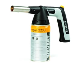 Sievert Handy Jet blæselampe med ergonomisk softgrip-håndtag og gasdåse 2203, vist isoleret på hvid baggrund.