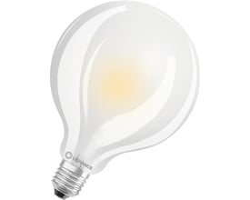Nærbillede af Osram Ledvance LED globe 95 lyskilde med mat glasoverflade og E27 fatning, der viser produktets detaljerede design.