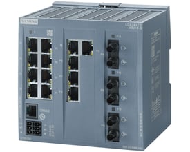 Siemens SCALANCE XB213-3 industriel Ethernet switch med 13x RJ45 og 3x multimode fiberporte, fremviser porte og mærkater.