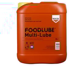 Detaljeret frontvisning af Rocol Foodlube Multilube 5L dunk med produktinformation og godkendelser som NSF-H1.