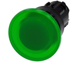 Siemens grøn paddehattrykknap med 40 mm diameter og ru plastoverflade, isoleret på hvid baggrund.