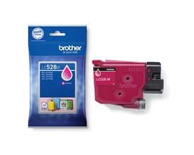 Brother LC528M magenta blækpatron ved siden af den blå originalemballage.
