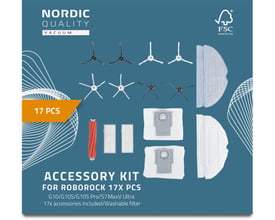 Nordic Quality 17-delt tilbehørssæt til Roborock S7, S7+, T8 Plus, G10, G10S, G10S Pro, med børster, filtre, mopper og støvsugerposer.