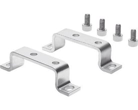 Festo monteringsbeslag HFOE til on-off ventil, inklusive fire skruer til montering, vist på hvid baggrund.