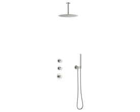 Damixa Iris komplet indbygnings termostatbatteri i stål med rund loftbruser og stick håndbruser.