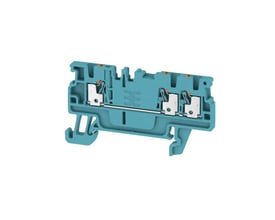 Nærbillede af Weidmüller gennemgangsklemme A3C, viser de tre push-in tilslutninger og den blå plastkonstruktion.