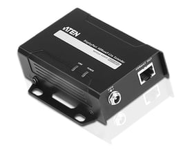 ATEN VE901T DisplayPort HDBaseT-Lite-sender i sort, set skråt forfra med monteringsflige og tilslutninger.