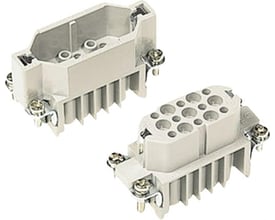 To Harting HAN D stikindsatser, 10A, 15 polet, viser hanstikket med monterede skrueterminaler og en anden indsats med synlige polåbninger.