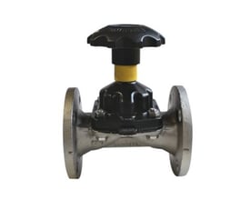Saunders membranventil DN100 med 4" flange, 220 mm, galvaniseret med sort top og gul markering.