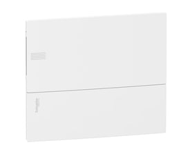 Detalje af Schneider Electric MiniPragma afdækningens sideprofil, viser den planforsænkede installation og dimensioner i hvid.