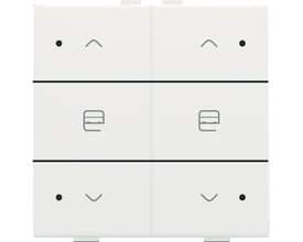 Niko dobbelt motortryk i hvid, med op- og nedpile samt symbol for gardin og små LED-indikatorer.