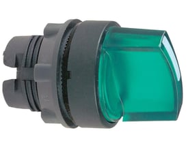 Detaljeret billede af Schneider Electric Harmony drejegreb i grøn plast med indbygget LED og monteringsmekanisme.