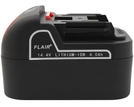 Flair 14,4 V 4Ah lithium-ion batteri til bindemaskine FL-40RT, vist med sort plastikhus og detaljeret mærkning.
