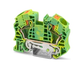 Detaljeret billede af Phoenix Contact jordklemme PT 16 N-PE, 16mm², grøn/gul, med fokus på push-in mekanismen og monteringsskinne.