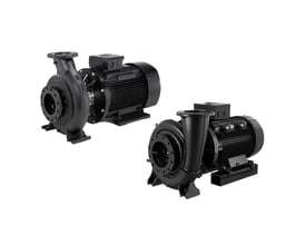 Grundfos CRN 32-6 centrifugalpumpe med rustfrit stål pumpehus og sort motor, vist fra to forskellige vinkler.