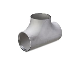 Rustfrit presset T-stykke i 4404/4432 med dimensioner 114,3x114,3x2,0 mm, overholder EN 10253-3/4 standard.