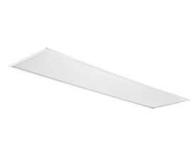 Opple LED-panel B4 RE295 på 23/34 W med 830 lysfarve og U19, set skråt forfra som et aflangt, hvidt loftspanel.