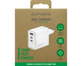 Emballagen til 4smarts Wall Charger GaN Pocket viser den hvide 100 W vægoplader med tre porte.