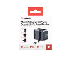 Emballagegrafik med Verbatim mini GaN-oplader på 70 W, display og indbygget USB-C-kabel.
