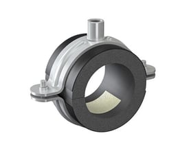 ISOCLAMP rørbærer til 15 mm rør i sort PU-skum med gummi og metalbånd med bolt og møtrik.