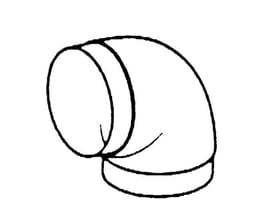 Skematisk tegning af 90 graders bøjning til ventilation med 100 mm diameter, illustrerer formen.