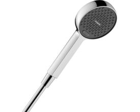 Nærbillede af Hansgrohe Activera Select S håndbruser, der fremhæver det runde brusehoved og Select-knappen.