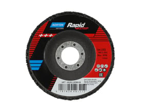 Norton Rapid Strip afrensningsrondel i sort non-woven med forsænket centerhul, vist forfra; diameter 114,3 mm.