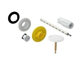 Geberit servicesæt til trykbetjent afløbsgarniture i blankforkromet finish, indeholdende diverse dele og installationsværktøj.