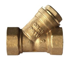 Snavssamler i messing med 2'' gevindstørrelse, visende dens kompakte Y-formede design og prægede DN25 PN16 mærkning.