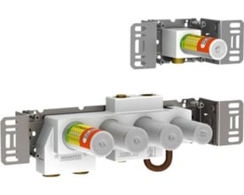 Vola indbygningstermostat med hvidt kabinet, synlig omskifter med farvekoder og 3/4" tilslutning til PEX-rør.