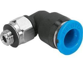 Festo vinkel-forskruning QSML-M5-3 med sort plasthus, M5 gevind og blå push-in indgang på hvid baggrund.