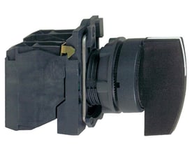 Sidevisning af Schneider Electric Harmony Style 5 drejeafbryder med langt greb, viser monteringsmekanisme og Ø 22 mm frontring.