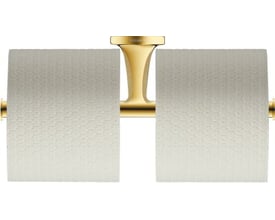 Duravit Starck T dobbelt papirholder i poleret guld, vist med to ruller toiletpapir monteret, der fremhæver funktionaliteten.