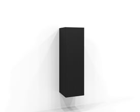 Svedbergs låge til højskab i sort ask, vist stående med en smal side synlig; målene er 34,7 x 119,7 x 1,6 cm.