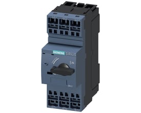 Siemens 3RV2 motorværn, størrelse S0, 32A. Viser "ON" og "TRIPPED" indstillinger, med fjederterminaler til tilslutning af ledninger.