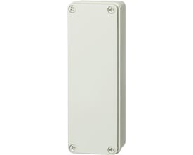 Fibox Piccolo montageboks i lysegrå ABS plast med fire synlige skruer i hjørnerne, mål 80x230x85 mm.