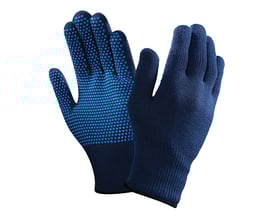 Mørkeblå arbejdshandsker, model 78-203 fra Versa T i str. 9, med blå gummidutter på håndfladen for øget greb.