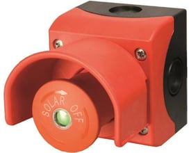 Eaton DC Afbryder til solcelleanlæg med rød betjeningsknap mærket 'SOLAR OFF' og en grøn indikatorlampe.