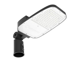 Gråt LEDVANCE Streetlight Area M LED-armatur til vejbelysning set skråt med synlige lysdioder og masteadapter.