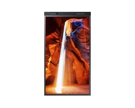 Samsung OM55N-DS digital signage-skærm på 55 tommer i sort, vist stående med et farverigt motiv af en kløft.