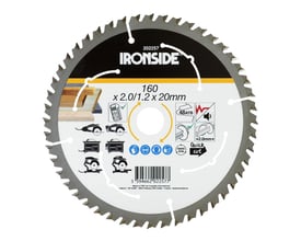 Ironside rundsavklinge til træ set forfra med sølvfarvede tænder og trykte specifikationer, 160 mm og 48 tænder.