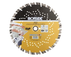 Ironside universal diamantklinge på 352 x 25,4 mm med segmenteret skærekant, vist forfra i gul og sort.