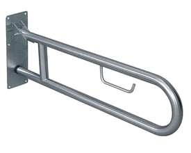 Intra Juvel TBBP-005 løftbart støttehåndtag i børstet stål, set skråt med vægplade og toiletrulleholder.