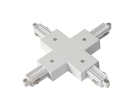 SLV X-stykke til 1-faset påbygningsskinne i mat-hvid plast, viser fire skinneudgange arrangeret i et kryds på hvid baggrund.