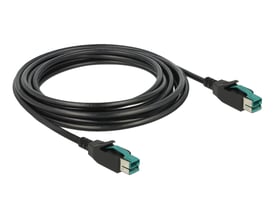 Sort Delock PoweredUSB-kabel på 4 meter med to hanstik til 12 V, vist sammenrullet med begge stik synlige.